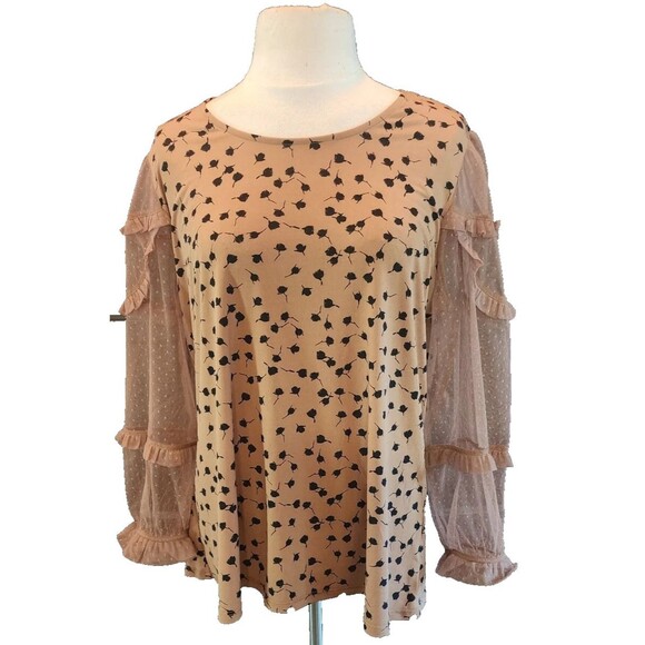 Cato Mixed Fabric Top Tan Black Floral Print Long Net Sleeves Women's Size 18/20 - Picture 1 of 11
